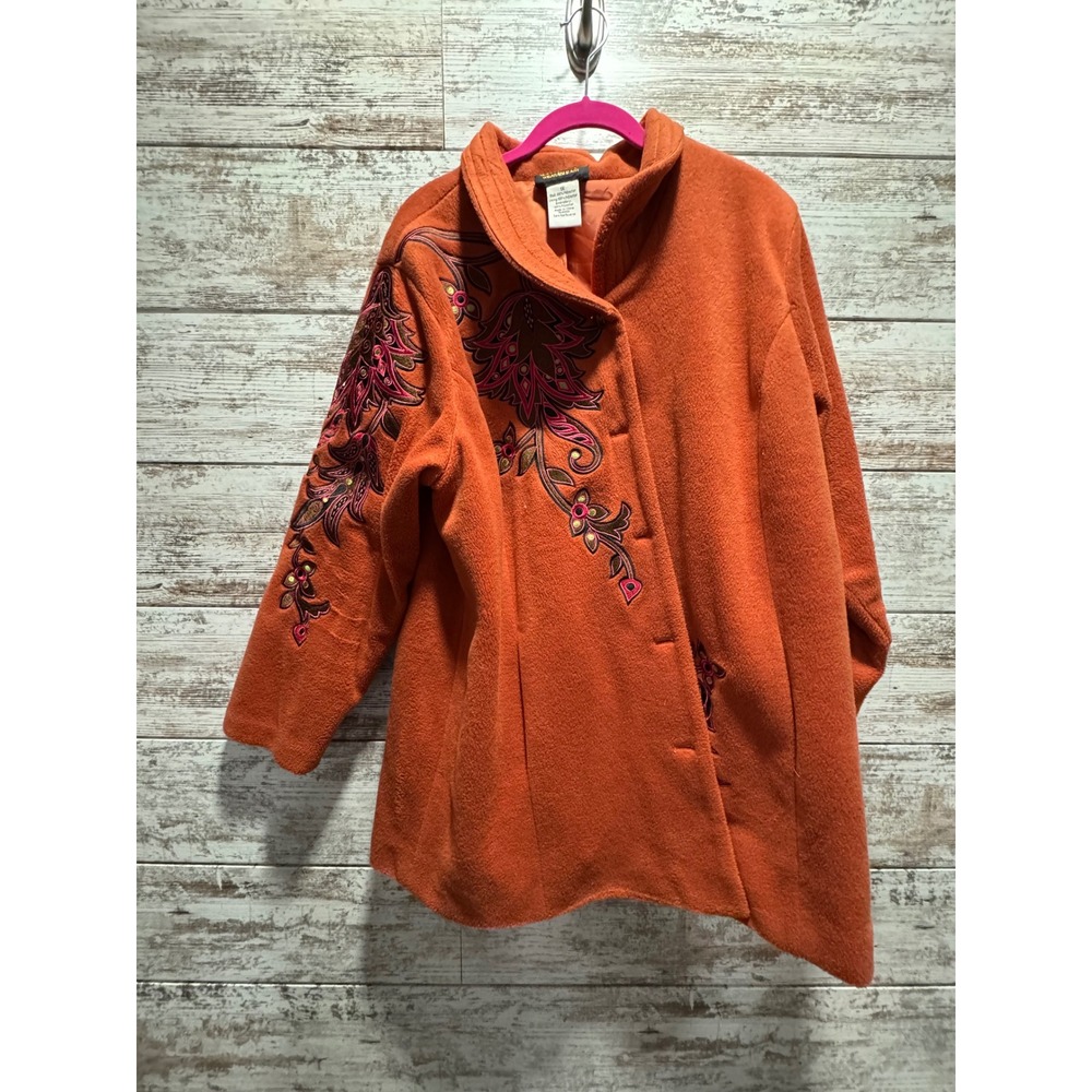 Wearable Art Orange Embroidered Fleece Jacket Women 1X